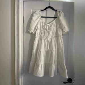 SHEIN White Puff-Sleeve Tiered Dress with Tie Front